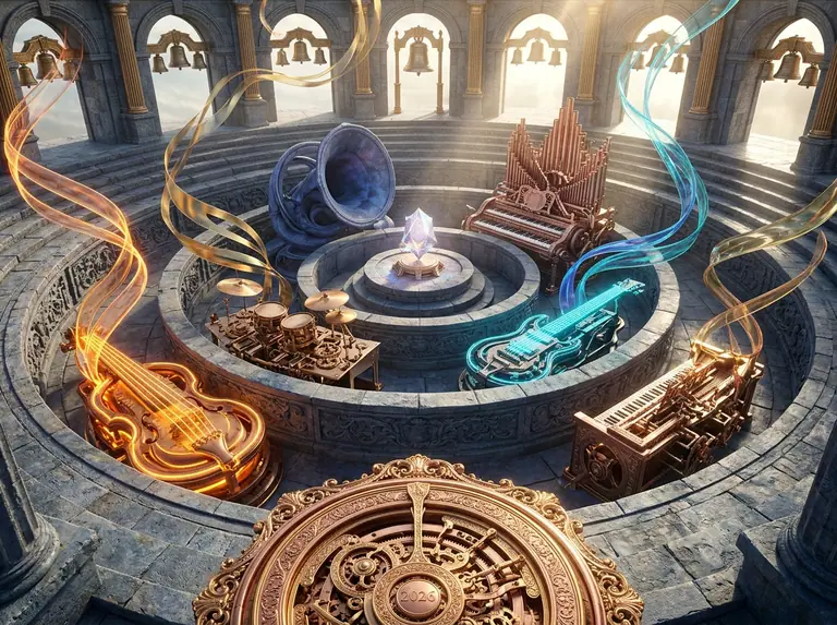 Vijf concentrische stenen ringen met afzonderlijke muziekinstrumenten die één voor één oplichten rond een centraal resonantiekristal.